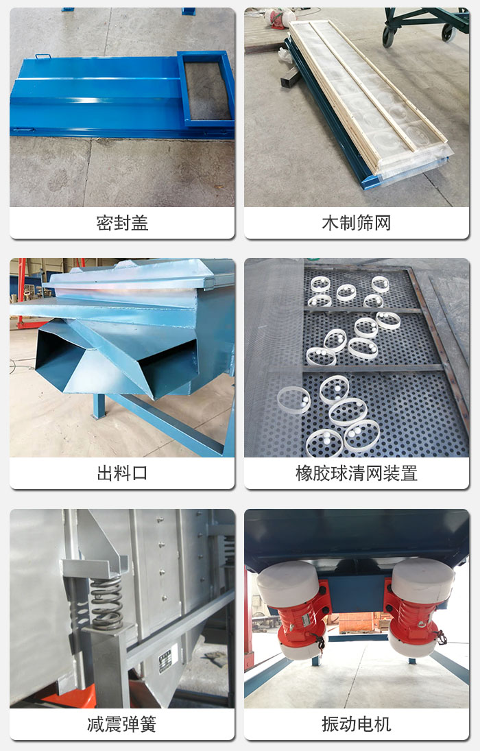 直線篩結(jié)構(gòu)展示：篩網(wǎng)，篩箱，振動電機，振動電機座，減震彈簧，支架等部件展示圖