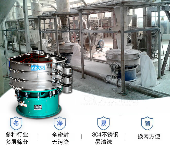 多種行業(yè)多層篩分采用全密封結(jié)構(gòu)，無污染。304不銹鋼材質(zhì)易清洗。同時(shí)換網(wǎng)方便。