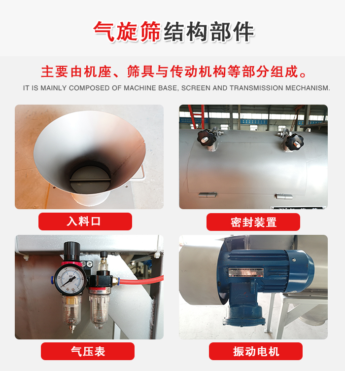 氣旋篩結(jié)構(gòu)：入料口，密封裝置，電機，氣壓表等