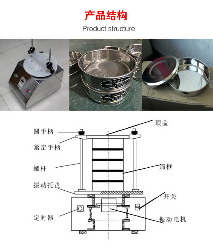 實(shí)驗(yàn)室振動(dòng)篩-試驗(yàn)篩結(jié)構(gòu)主要由：圓手柄，緊定手柄，螺桿，振動(dòng)托盤，篩框，頂蓋等。